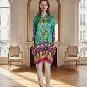 Go Silk Green Multi Color Floral Silk NWT Tunic Large